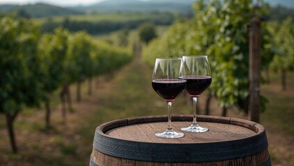 Fototapeta premium Glasses of red wine placed on a wooden barrel surrounded by a countryside vineyard, suitable for food and drink layouts