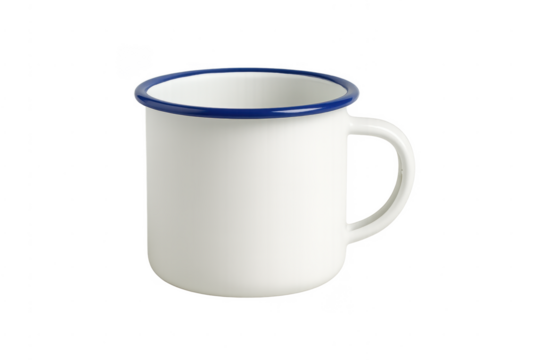 White enamel mug with blue rim on transparent background