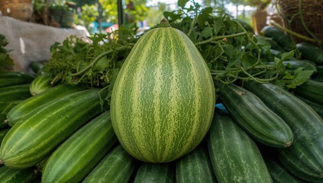 Bitter melon, also known as cerassee, goya, or cucumber, displayed at a marketplace. A vine from the Cucurbitaceae family found in tropical and subtropical regions.
