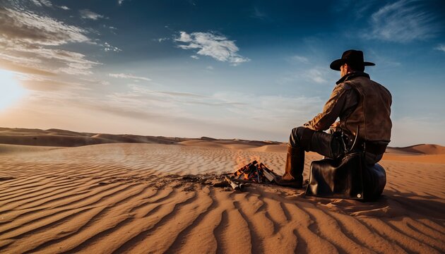 Man Sitting in Desert Sand Dunes Near Campfire at Sunset in Warm Tones