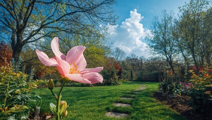 Bright pink blossom against a clear blue sky during spring and summer
