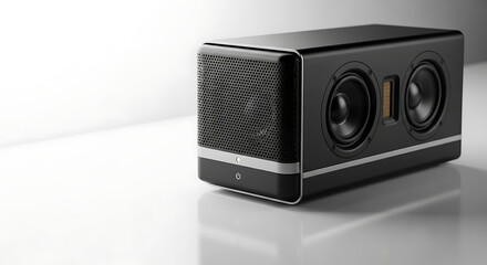 Obraz premium Close up of a black speaker with a metal grill and two visible speakers on a white background