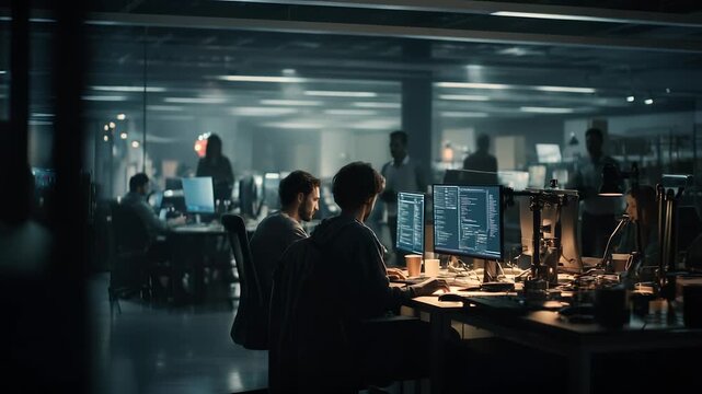 Computer programmer and engineer develop software in office. Team of developers working closely, each with dedicated monitor, focused on active coding, working environment high-tech computer setup