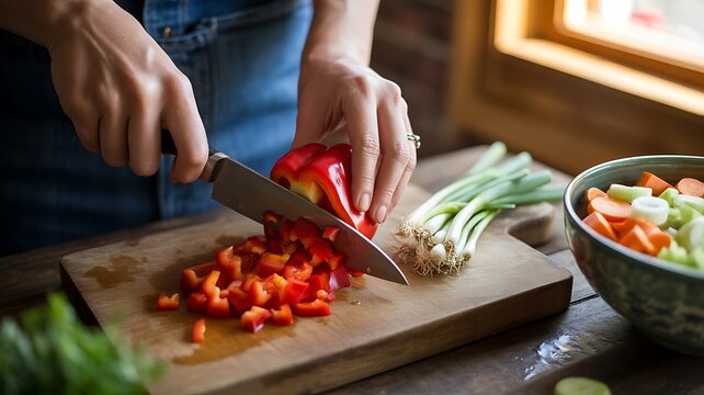 Womans hands chopping fresh red bell pepper on a wooden cutting board for a healthy meal - Powered by Adobe