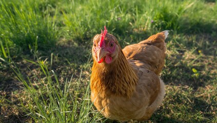 Close-up of a curious chicken, alert and engaged in its surroundings, highlighting the theme of curiosity
