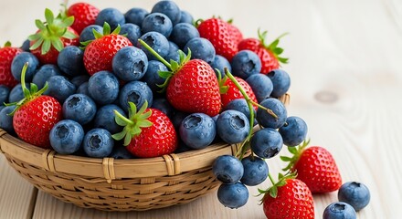 Fresh Strawberries and Blueberries in a Wicker Basket.