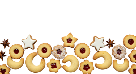 A decorative border of assorted Christmas cookies and spices, a festive design element for holiday baking blogs and recipe cards.Transparent Background, Cutout