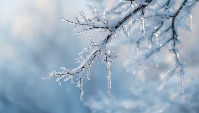 A tree branch covered in ice crystals, showcasing winter's chill
