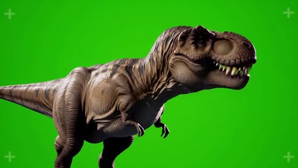 A realistic Tyrannosaurus Rex dinosaur roars and moves on a vibrant green screen, perfect for CGI and VFX compositing in film and animation projects. - Powered by Adobe