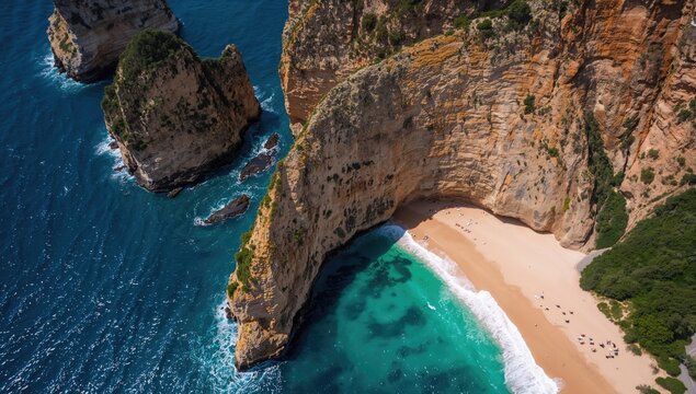 Aerial view of a secluded beach surrounded by dramatic cliffs and turquoise waters, emphasizing natural beauty