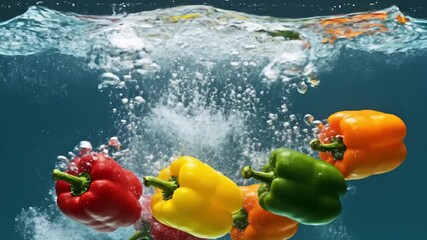 Colorful bell peppers splashing underwater - Powered by Adobe
