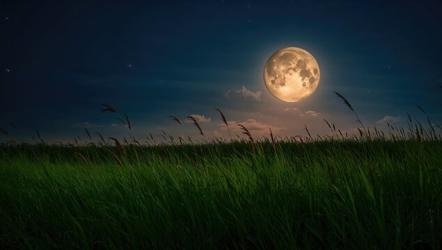 Radiant full moon illuminating silhouettes of grass in the night, enhancing the serene atmosphere