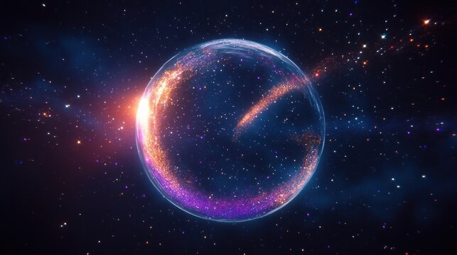 Glowing planet or celestial sphere surrounded by vibrant cosmic dust and sparkling stars in deep space with bright light source illuminating one side