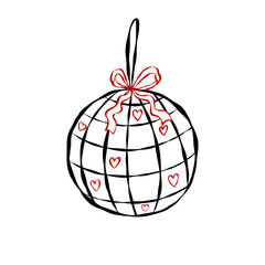 Whimsical hand-drawn disco ball with bow and heart. Vector ideal for bachelorette party invitations, stickers, packaging and decorative print projects