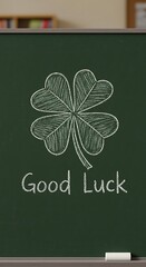Hand-drawn clover and 'Good Luck' message on a classroom chalkboard