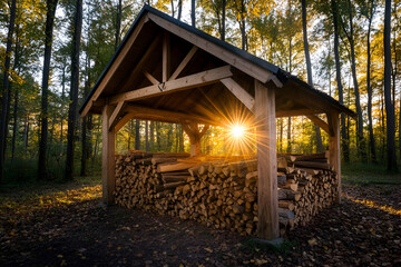 Serene woodland shelter with neatly stacked firewood at sunset