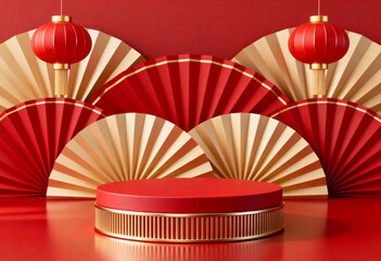 Chinese New Year Red and Gold Podium with Lanterns and Paper Fans Background