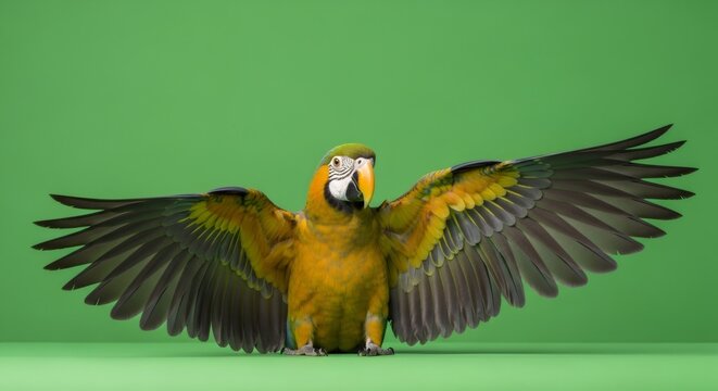 Macaw parrot with outstretched wings isolated on green screen background. Tropical bird for chromakey effect.