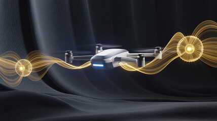 Sleek modern drone navigates vibrant energy waves, symbolizing innovation and future technology in a dynamic digital landscape.