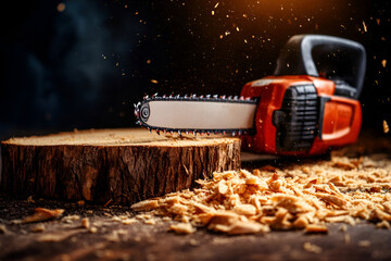 Chainsaw cutting through wood log with sawdust flying for carpentry and woodworking projects