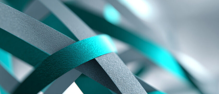 Close-up of intertwined metallic ribbons with textured surfaces in teal and gray tones creating abstract geometric composition