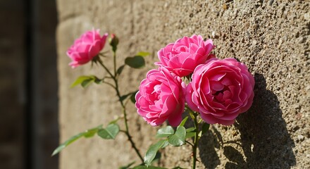 Close up of vibrant pink roses blooming against a textured stone wall.