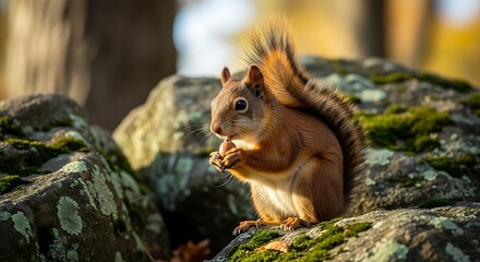 A small red squirrel eating a nut while perched on a mossy rock in a forest.