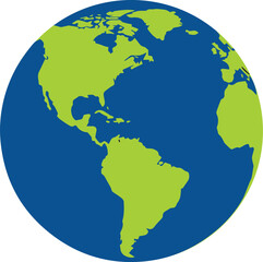 A stylized illustration of planet earth viewed from space showcasing north and south america in vibrant green against a deep blue ocean background