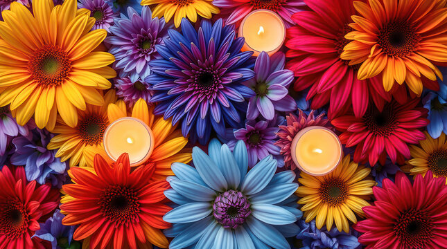 Composizione colorata di fiori e lumini accesi visti dall&rsquo;alto. Generative AI