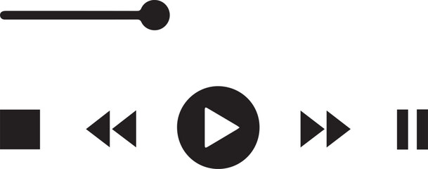 Minimalist digital interface controls for audio and video playback featuring a play button pause rewind fast forward and a progress slider bar