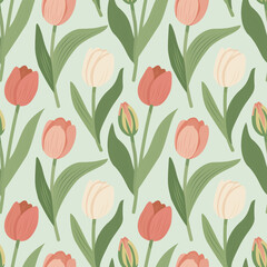 Hand-drawn spring tulips on a sage background