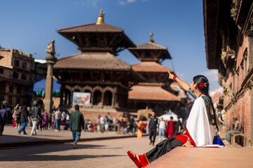 Nepali Newari Girl in Traditional Attire Gracefully Posing for Photoshoot at Patan Durbar Square