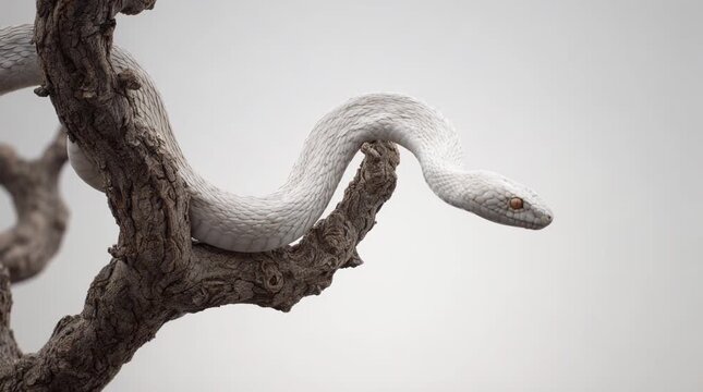 Close-up of a white snake curled on white backdrop, minimalist studio shot of exotic reptile