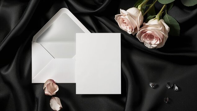 Invitation or greeting card mockup featuring an envelope and roses on a dark backdrop, suitable for personal greetings