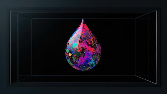 Abstract colorful ink drop on clear black background, artistic backdrop for creative projects