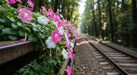 Flowers Bloom Beside Railroad Tracks in a Forest.