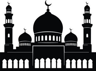 Silhouette of a grand islamic mosque with multiple domes and tall minarets featuring arched windows and a crescent moon atop the central dome representing religious architecture and cultural heritage