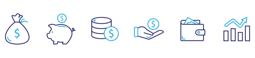 Financial symbols collection, business money signs, wallet and coin silhouettes, piggy bank, savings bag, growth chart, economy concept, minimalist flat vector.