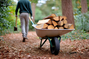 Autumn firewood gathering in forest pathway for cozy home preparation