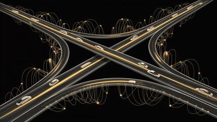 Dynamic highway interchange with autonomous vehicles and glowing data connections symbolizing smart city connectivity and future transportation networks