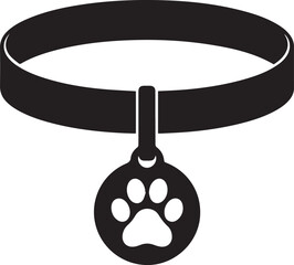 Simple black silhouette of a dog collar with a round pendant featuring a paw print symbol for pet identification and care