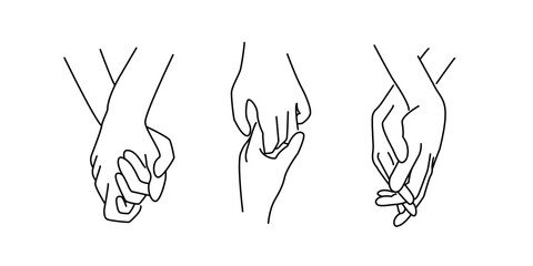 Holding Hands line art set. Hand-in-hand, Gentle Hold, Linked Fingers line art isolated on white background. Vector illustration