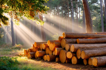 Sunlit forest clearing with freshly cut logs and beams of morning light