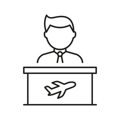 Airline Customer Service Representative Line Icon. Airport Check-In, Ticketing, And Passenger Assistance Outline Symbol. Travel Support. Editable Stroke. Isolated Vector Illustration