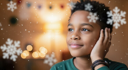 Dreamy young African American boy gazing upwards with a thoughtful expression amidst falling snowflakes and warm bokeh lights.