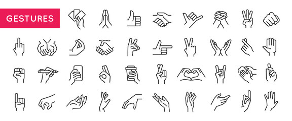 Gestures icons. Large set of gestures trendy minimal icons. Handshake, Thumb, Peace, Fist, Point, Heart, Palm icon. Design signs for web page, mobile app, packaging design. Vector illustration