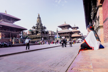 Nepali Newari Girl in Traditional Attire Gracefully Posing for Photoshoot at Patan Durbar Square