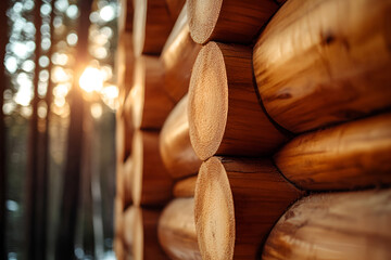 Serene forest log cabin with warm sunset glow in nature