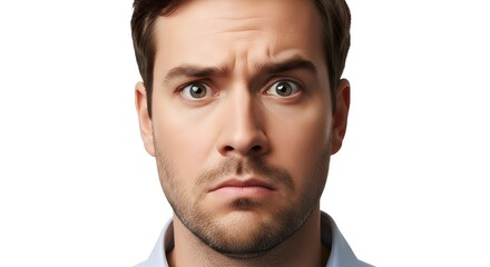Fototapeta premium Close-up of a man showing confusion, raised eyebrows, white background