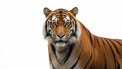 Obraz premium A powerful tiger on a white backdrop, emphasizing its strength and fierce expression